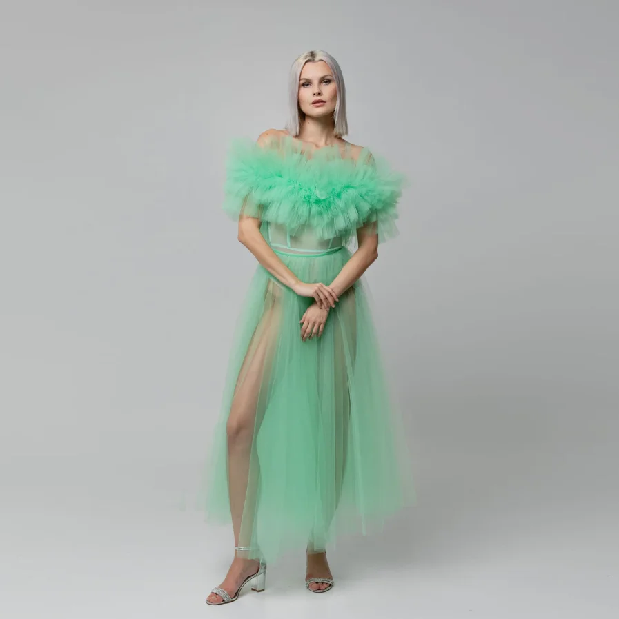 بوهو فساتين حفلات بسيطة مطوي قبالة الكتف انظر من خلال فساتين الحفلات الطويلة تكدرت تول ألف خط فستان ماكسي طول الكاحل #1