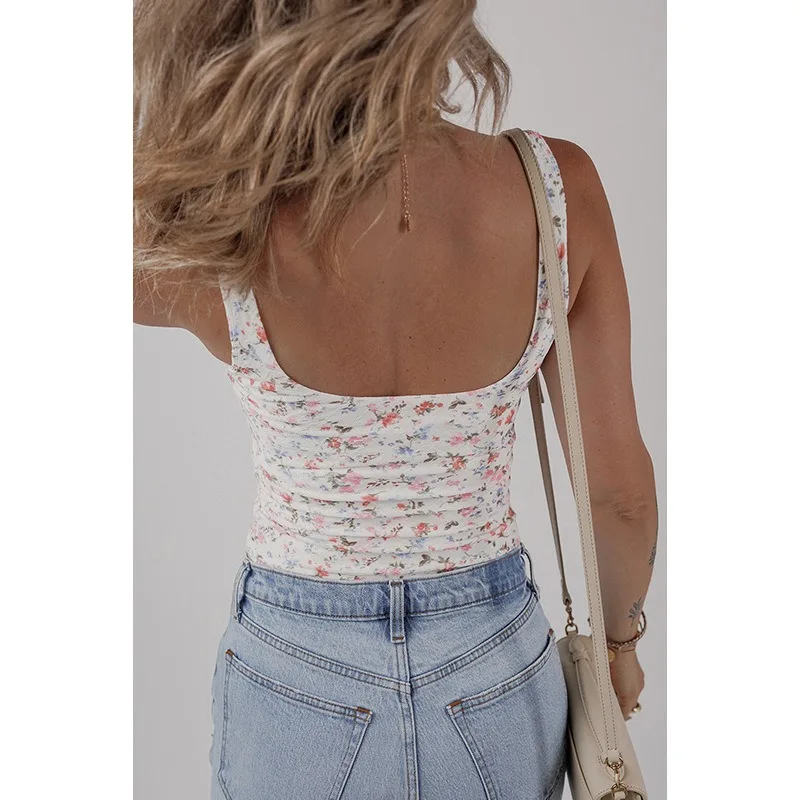 2025 Summer Plant Flower Printed Skinny Vest Bodysuits Women Square Neck Sleeveless Backless Slim Casual Spicy Girls Street Tees