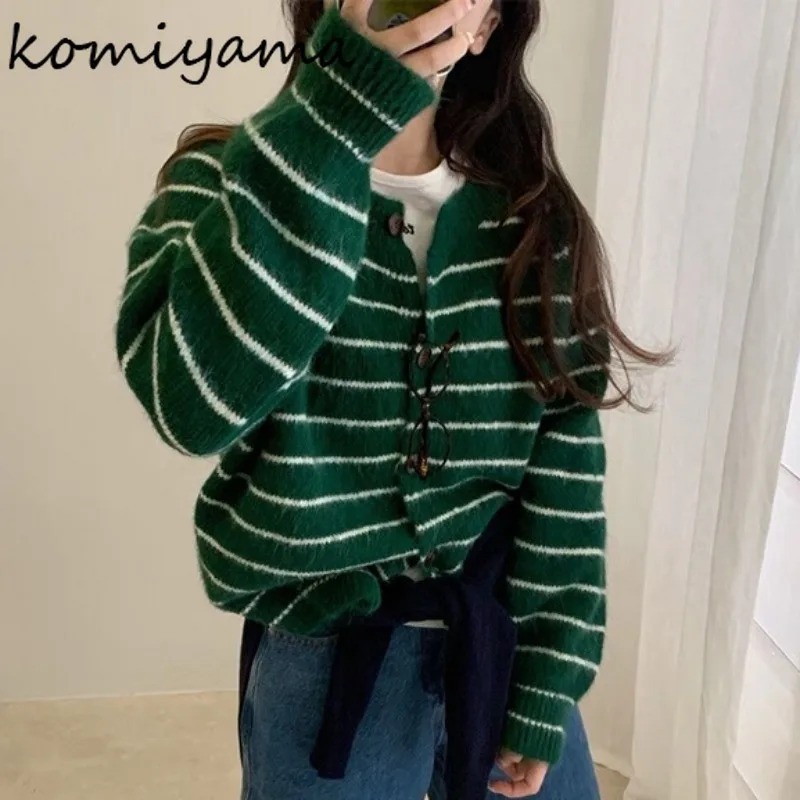 

Hit Color Stripe Knit Woman 2025 Cardigan O-neck Long Sleeve Ropa Mujer Loose Lazy Sweater Vintage Pulls Femmes Winter Clothes