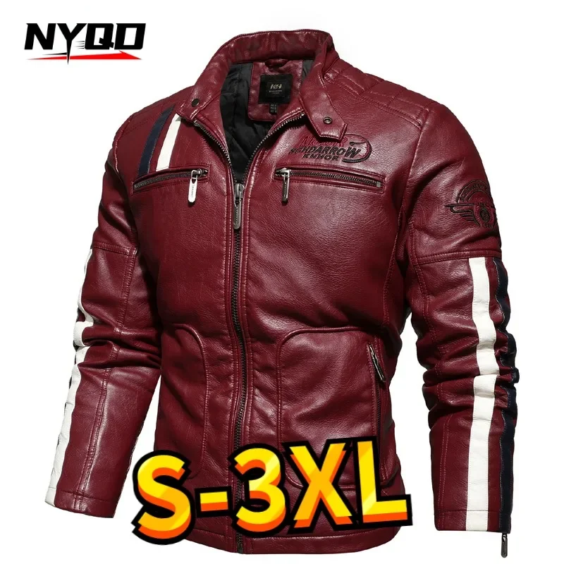 Mens Vintage Motorcycle Jacket 2024 Men Fashion New Biker Leather Jacket Male Embroidery Bomber Coat Winter Fleece Pu Overcoat