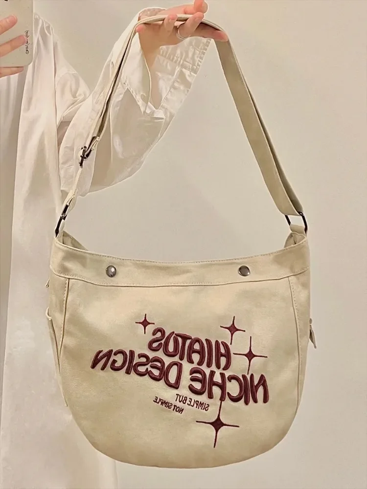 Canvas Large Bag Capacity Shoulder Women Bag Embroidered Tote Crossbody Bags Female Street Fashion Shopping Messenger Bag 2024