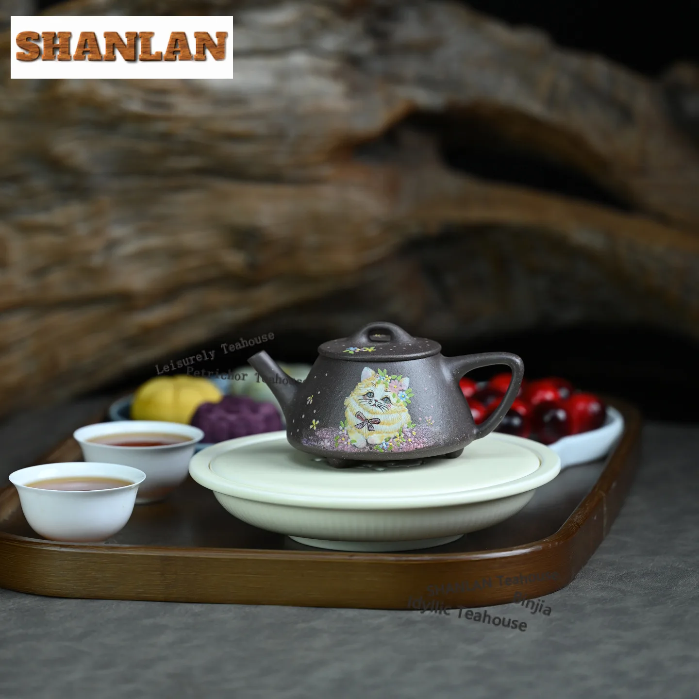 150 مللي أباريق الشاي العتيقة ييشينغ الأرجواني الطين اليدوية رسمت القط حجر مغرفة وعاء الخام خام الطين غلاية مع مصفاة طقم شاي Zisha تشا #5