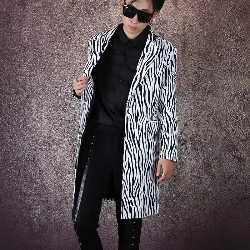 

Zebra Patterned Print Men's Casual Long Suit Jacket Nightclub Bar Singer Trendy Hairstylist Coat Hip Hop Dance Stage Clothing