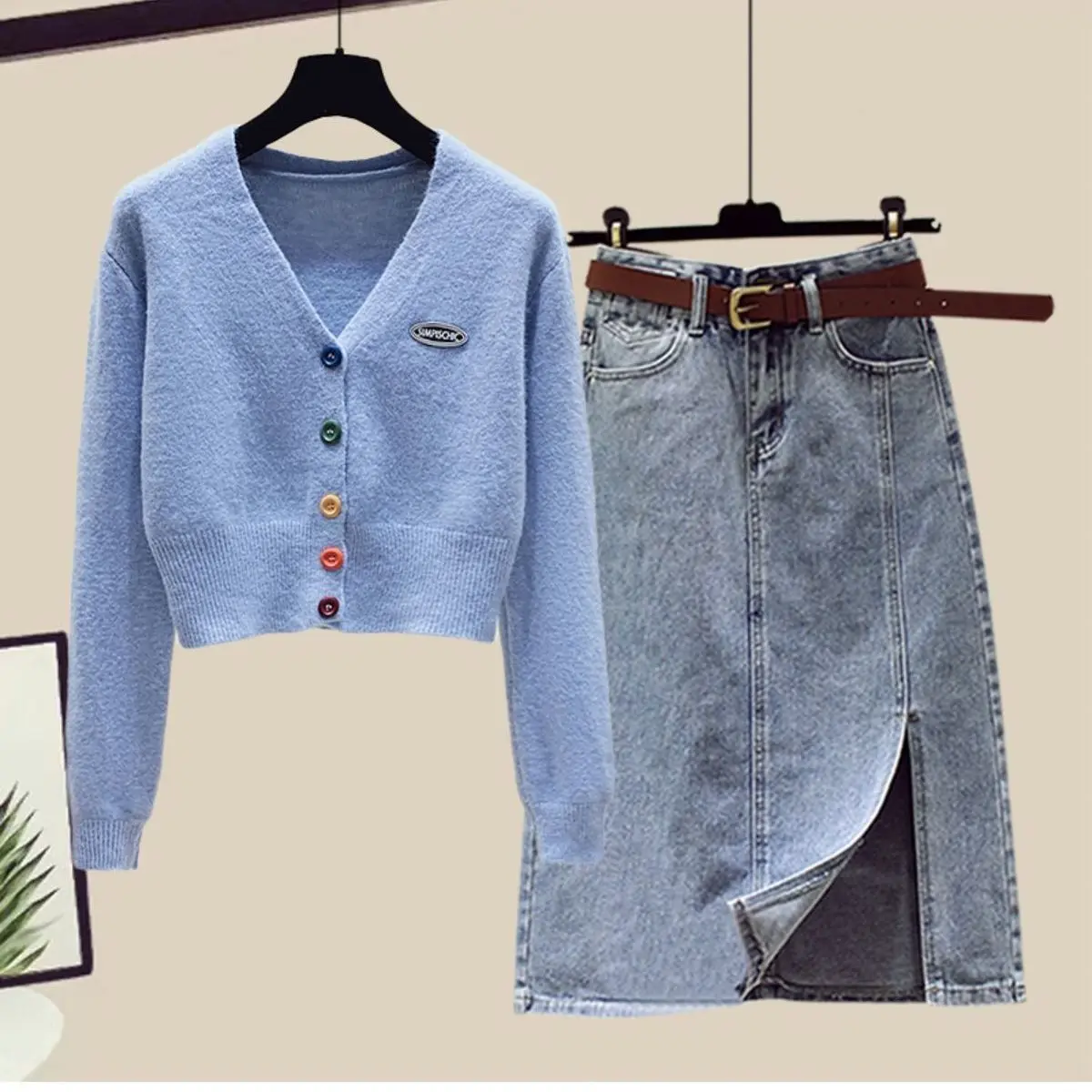 Single Piece/Set Spring and Autumn Denim Set Skirt 2023 New Simple and Fashionable Sweater Knitwear Half Skirt Two Piece Set