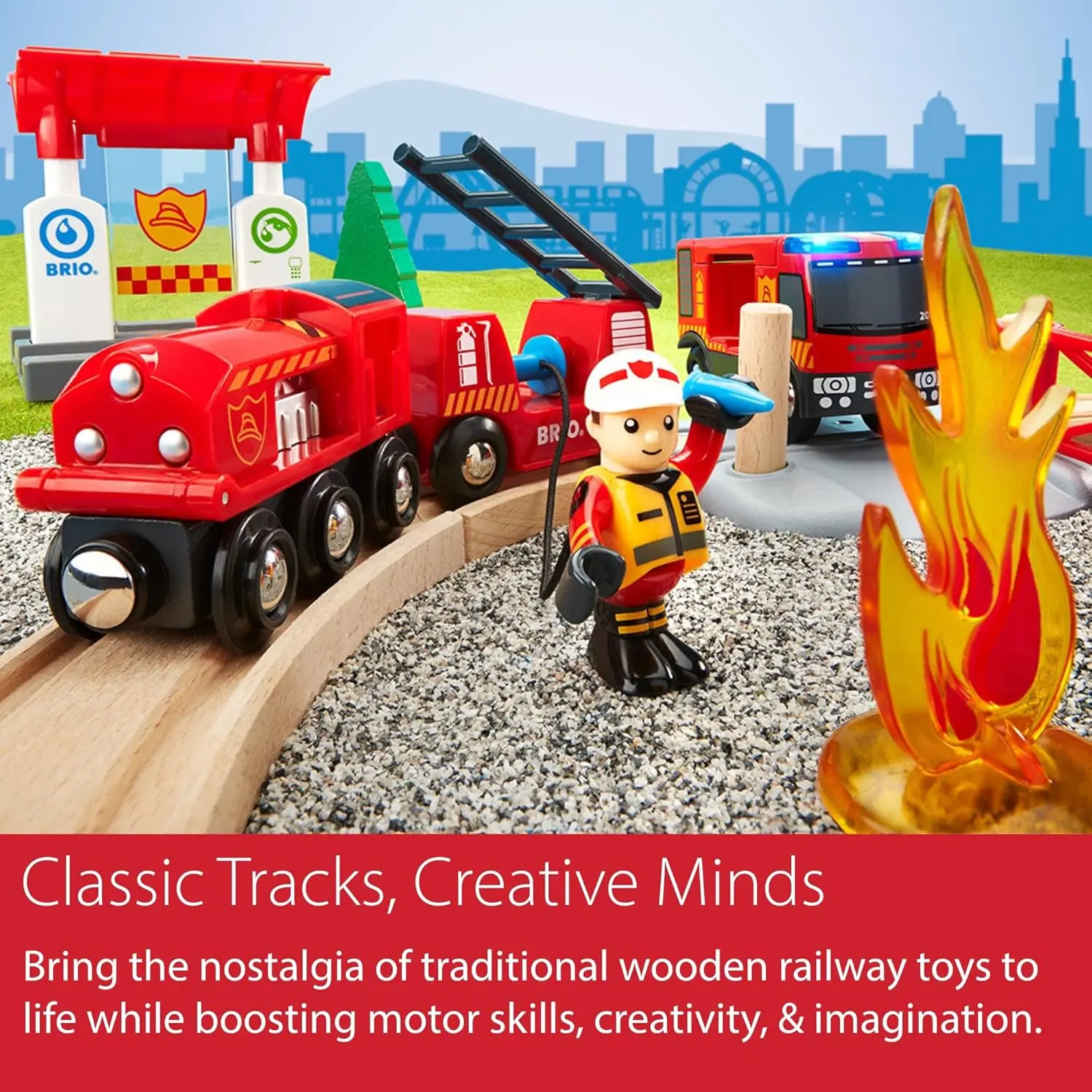 Set Pemadam Kebakaran Penyelamat Dunia - Set Kereta Kayu Bersertifikat FSC 18 Bagian & Aksesoris - Mesin Kereta Api Pemadam Kebakaran dengan Lampu dan Suara, Wo