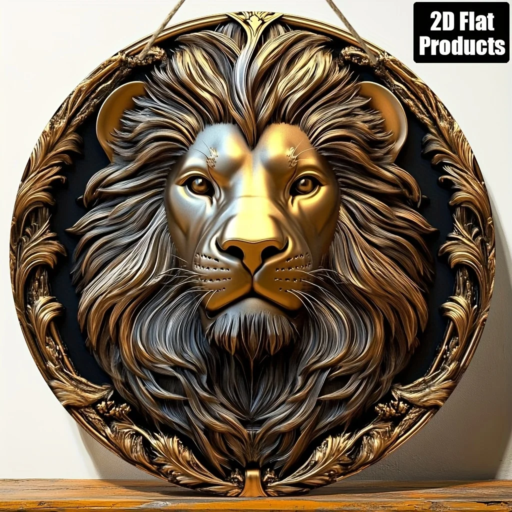 2D Flat, 1pc Round Wooden Decorative Sign with Lion Theme, Suitable for Bar Kitchen Cafe Home Living Room Office Decoration, Hol