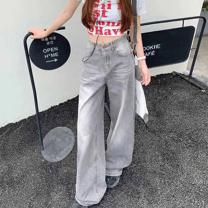 

Ripple Grey Jeans Women 4 Season Korea Japan Lazy Salt Cotton High Street Hanging Dye Loose Wide Leg High Waist Long Pants New