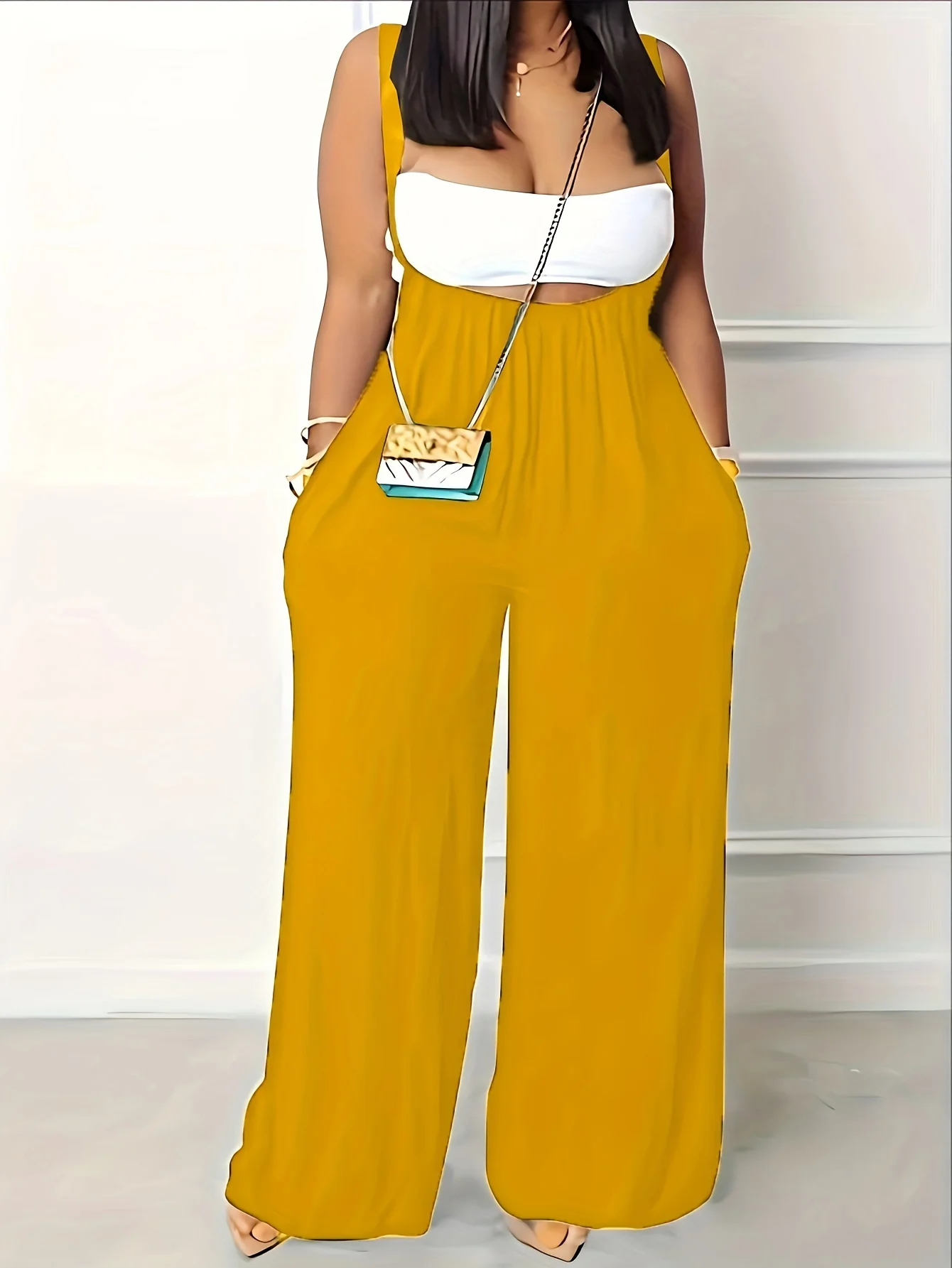 Plus Size Solid Ruched Overall Jumpsuit Casual Sleeveless Wide Leg Jumpsuit Odzież damska Plus Size