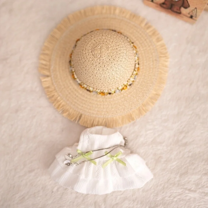 

24cm Spanish Potato Doll Dress Set Straw Hat White Chiffon Dress Set Accessories Girl Dress Up Birthday Gift （Without Dolls）