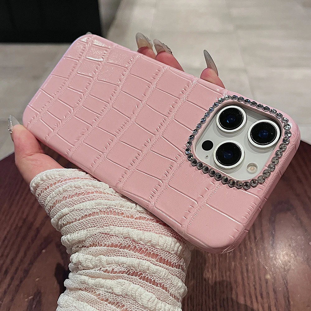 

Luxury Crocodile Pattern Leather Diamond Phone Case for IPhone 17 16 14 15 Pro Max 13 Shockproof Glitter Soft Lovely Cover Case