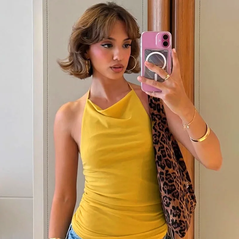 Elegant สีทึบ Backless SHEER ตาข่าย Halter TOP สําหรับผู้หญิงสไตล์และเซ็กซี่แฟชั่นสวมใส่สบายๆ Elegant เสื้อกล้ามแขนกุด