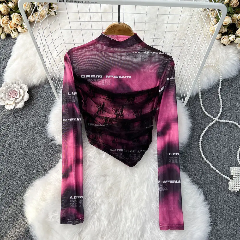 Aesthetics Retro Irregular Lace Splicing Fake Two Pieces Spice Girl Cop Top Letter Long-sleeved Sunscreen Bottoming Mesh T-shirt