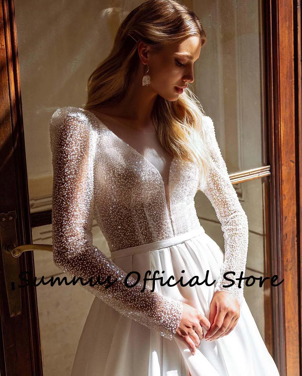 Sumnus glitter branco a linha vestidos de casamento manga longa sheer v pescoço vestido de noiva divisão lateral com trem vestidos de casamento personalizados