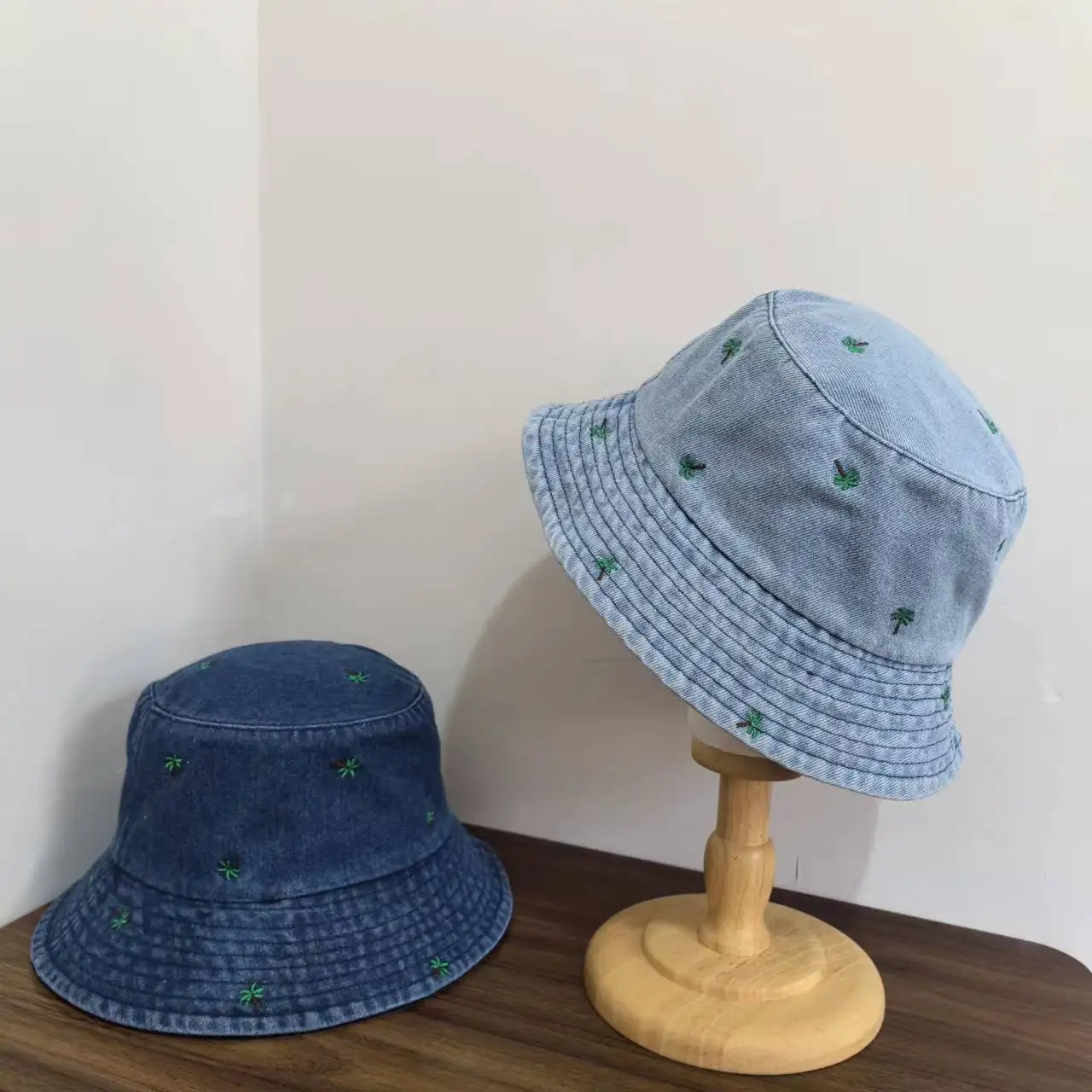 

Unisex Summer Bucket Hat For Women Embroidery Tree Washed Denim Cotton Fisherman Cap Sunshade Simple Girls Best Matched Hat