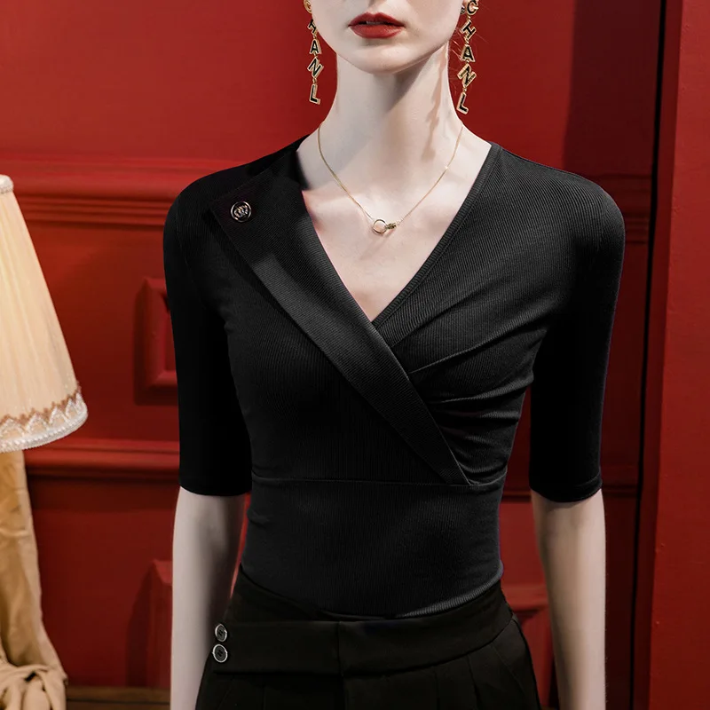 Boweylun Cross V-Neck Five Points Sleeve T-Shirt Women Comfortable Ribbed Fabric Slim Button Solid Color Mid Sleeve Tops