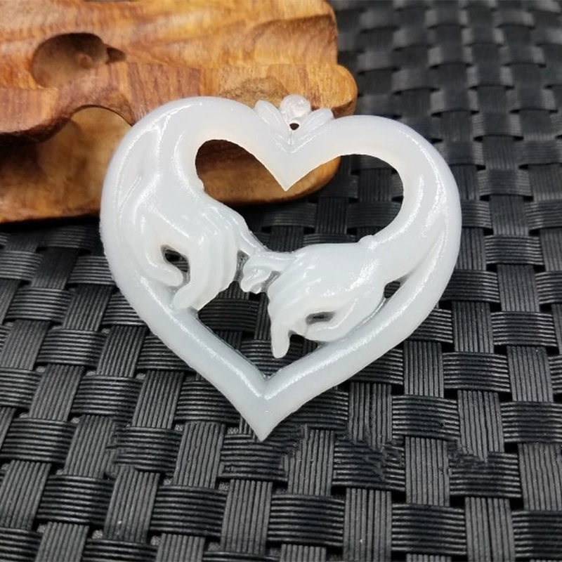 Natural Chinese White Jade Hand Carved Love Pendant Fashion Jewelry Couples Stay Together for A Lifetime Necklace Popular Gift