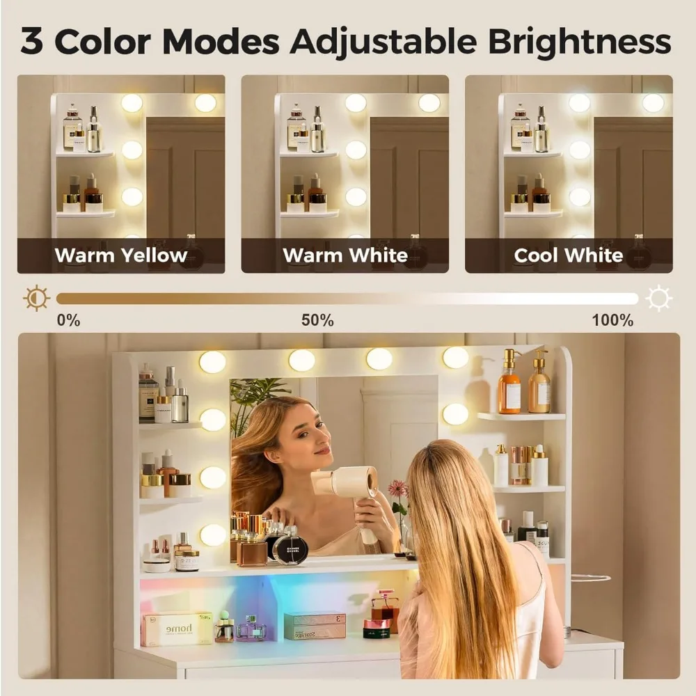 Vanity Desk con specchio illuminato, toletta di grande capacità di archiviazione per camera da letto
