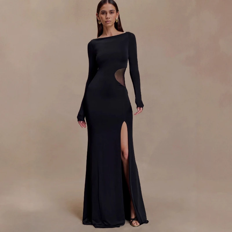 

2025 New Fashionable Long Sleeved Slim Fit One Cut Neck Hollow Sexy Slit Dress for Women