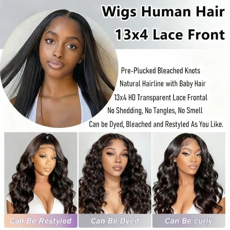 13x4 스트레이트 레이스 프론트 가발 인모 36인치 250% 밀도 HD 투명 프리 플러킹 글루리스 가발 내추럴 블랙 컬러