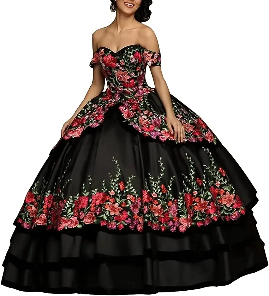 Black Puffy Charro Quinceanera Dresses Ball Gown Off The Shoulder Appliques Mexican Sweet 16 Dresses 15 Anos Customized