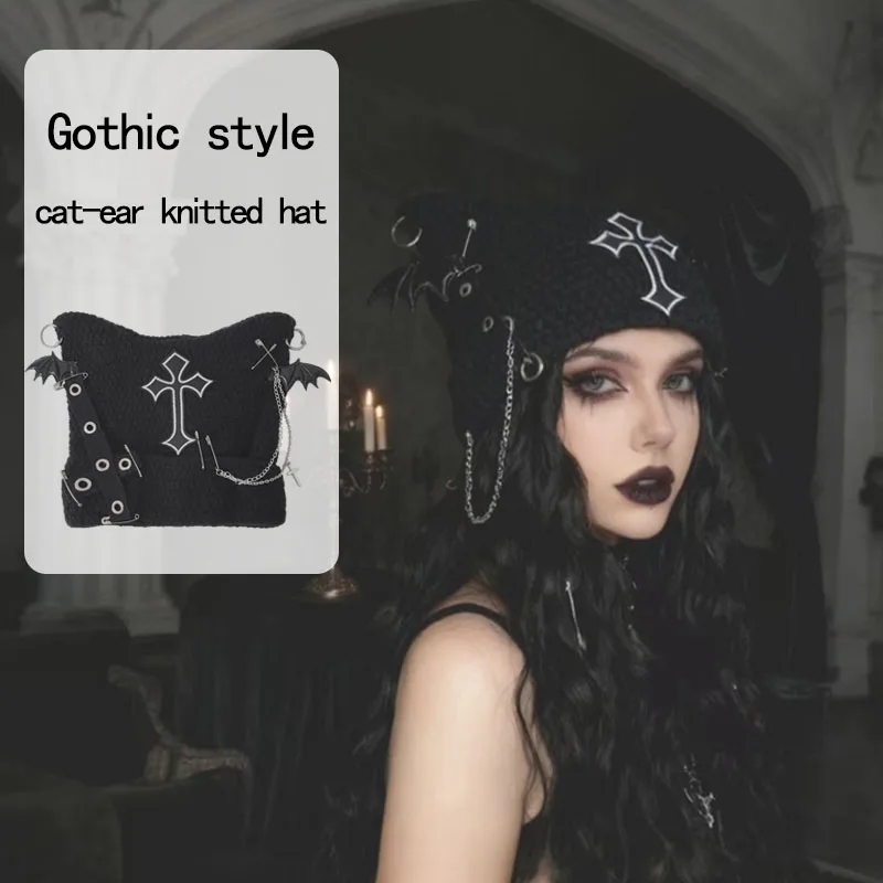 

1 шт., вязаная шапка-бини в темном готическом стиле с кошачьими ушками, цепочка с крестом «летучая мышь», булавка, декор, модный головной убор.