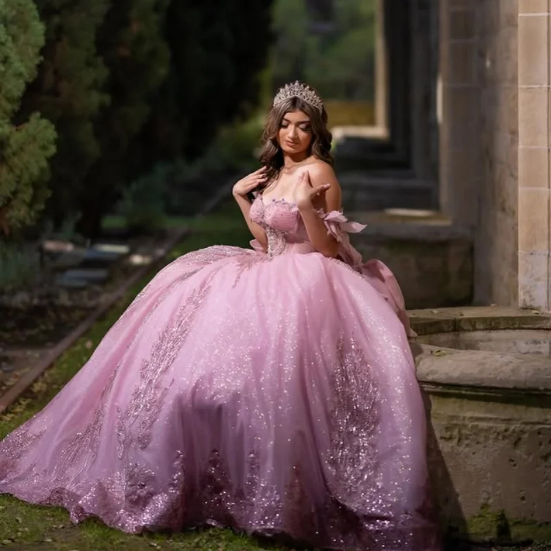 

Shiny Pink Quinceanera Dress off-shoulder crystal glitter decal Long tail Bow vestidos de 15 Quinceanera ﻿Customize
