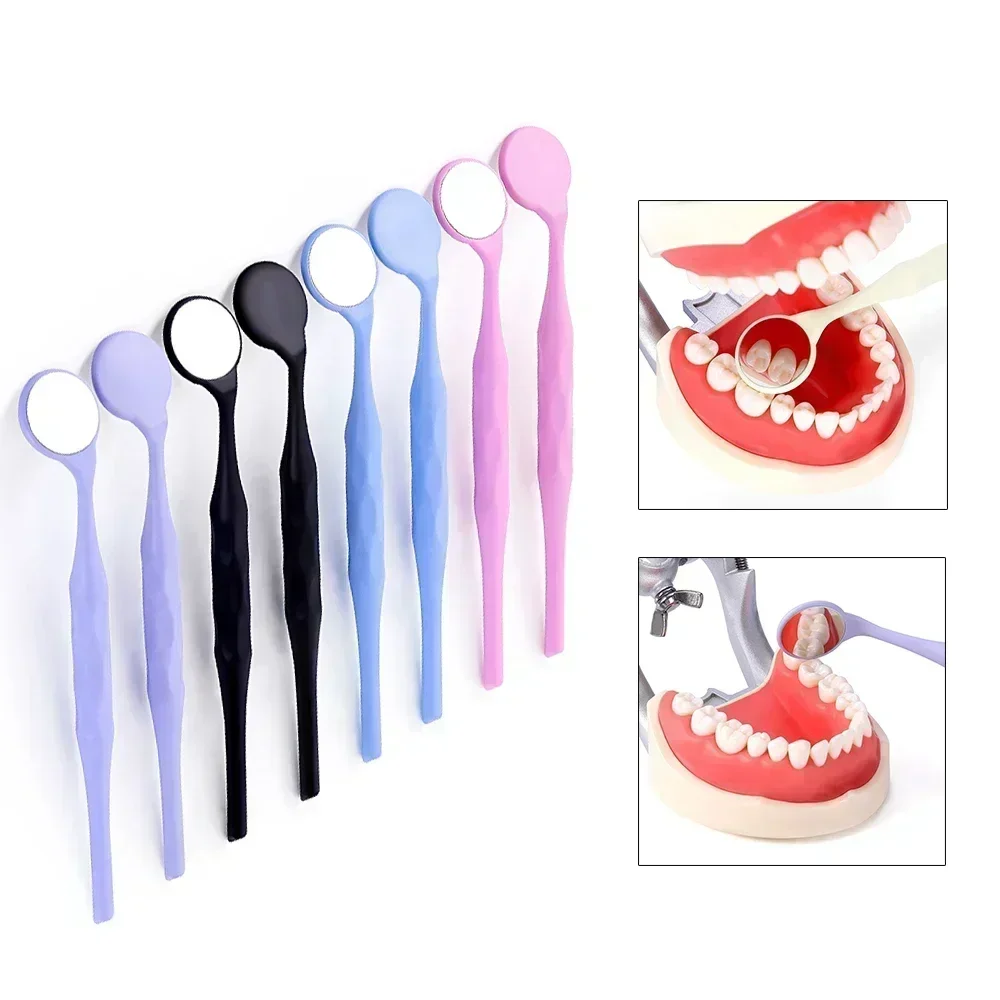 10pcs Box With Randoms Colors Dentals Double Sided Mouth Mirrors Autoclavables Surfaces Exam Reflectors With Handle