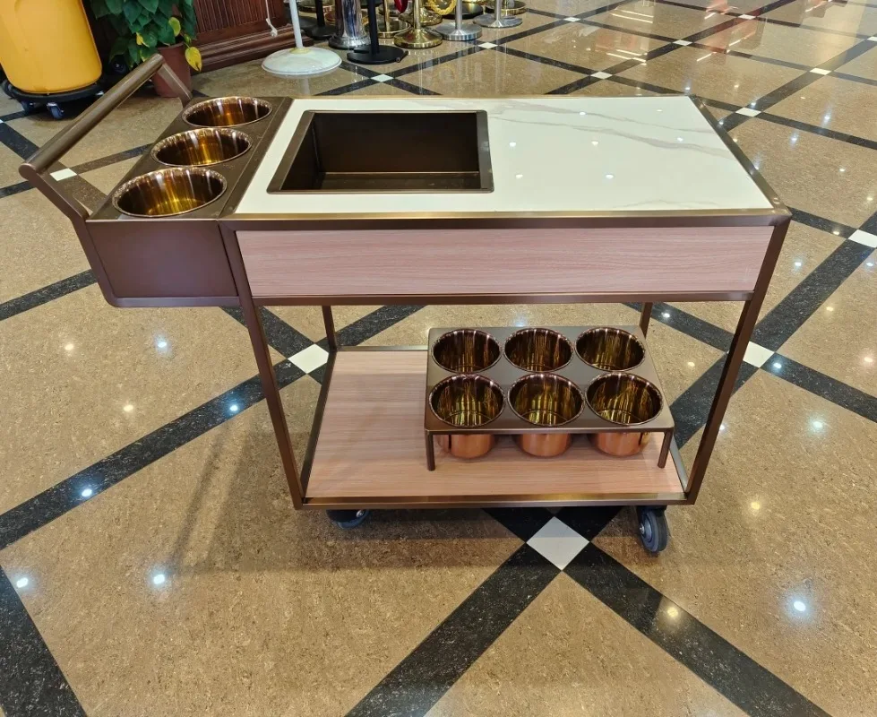 Luxury Rose Gold Mobile Wine Cart Modern Design Drinks Bar Trolley with Ice Tray Bucket Drawer for Home Kitchen Dining Room