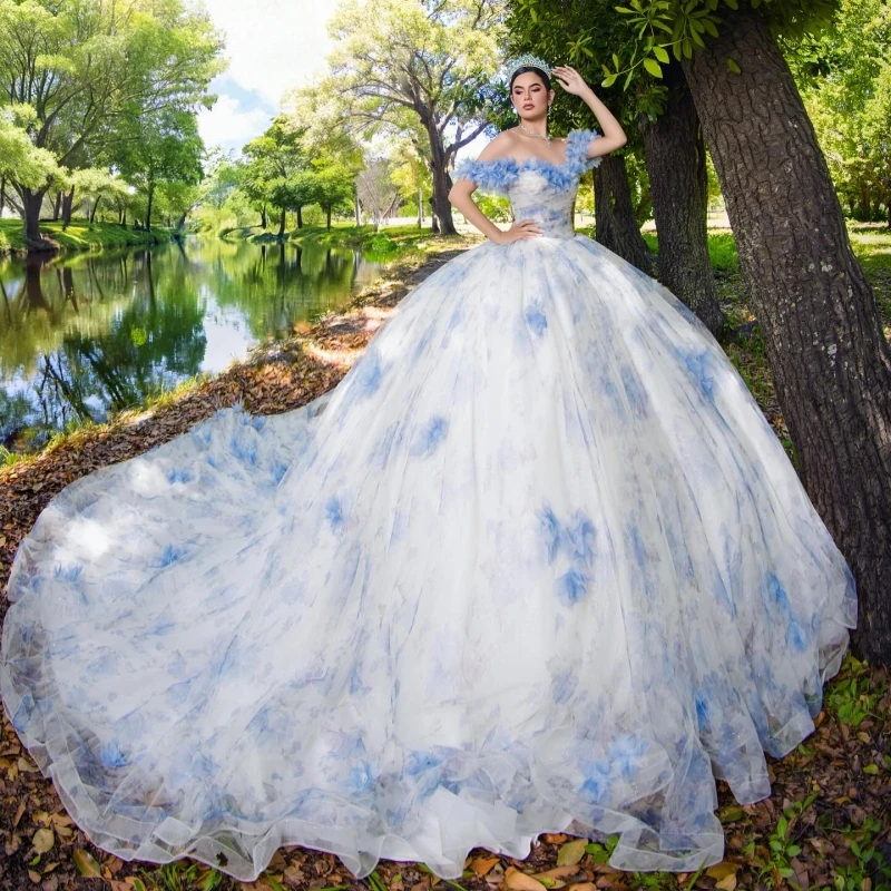 

Белое платье Quinceanera, бальное платье с открытыми плечами, синее тюлевое платье с цветочной аппликацией Sweet 16, Vestidos De 15 Anos
