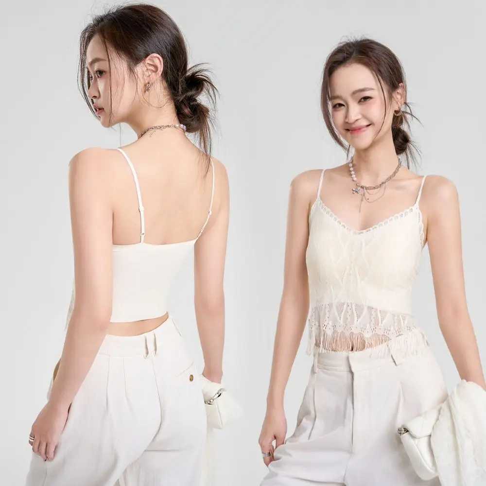 

Elegant Tassel Lace Mesh Camisole Sleeveless Seamless Lace Crop Top Thin Deep V Suspender Vest with Pads Spring Summer