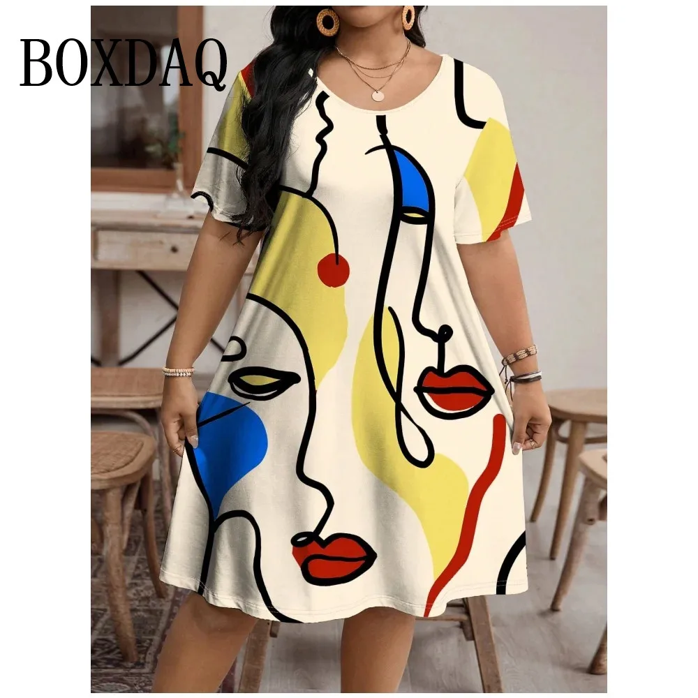 2024 Fashion Women Dress Painted Art Face Streetwear Pattern Print Summer Dress Casual Short Sleeve Loose Dresses Plus Size 9XL