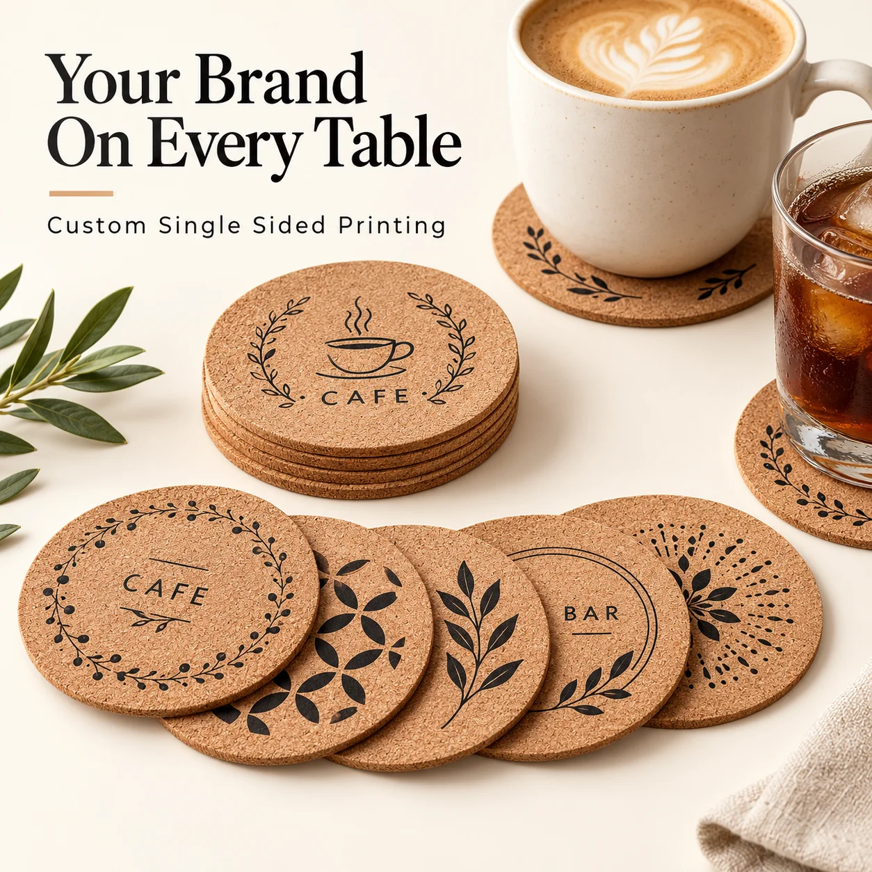 Custom Cork Coasters With Logo Single Sided Printing For Bars Pubs Cafes Restaurants Bulk Orders And Personalized Gifts
