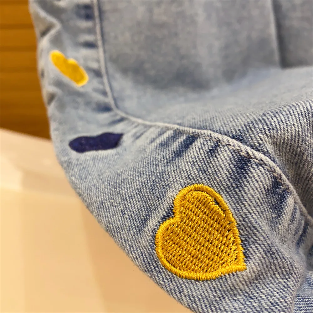 Spring Autumn Baby Girls Denim Pants Heart Embroidery Elastic Waist Muslin Pockets Casual Children Girls Pants Kid Girls Pants