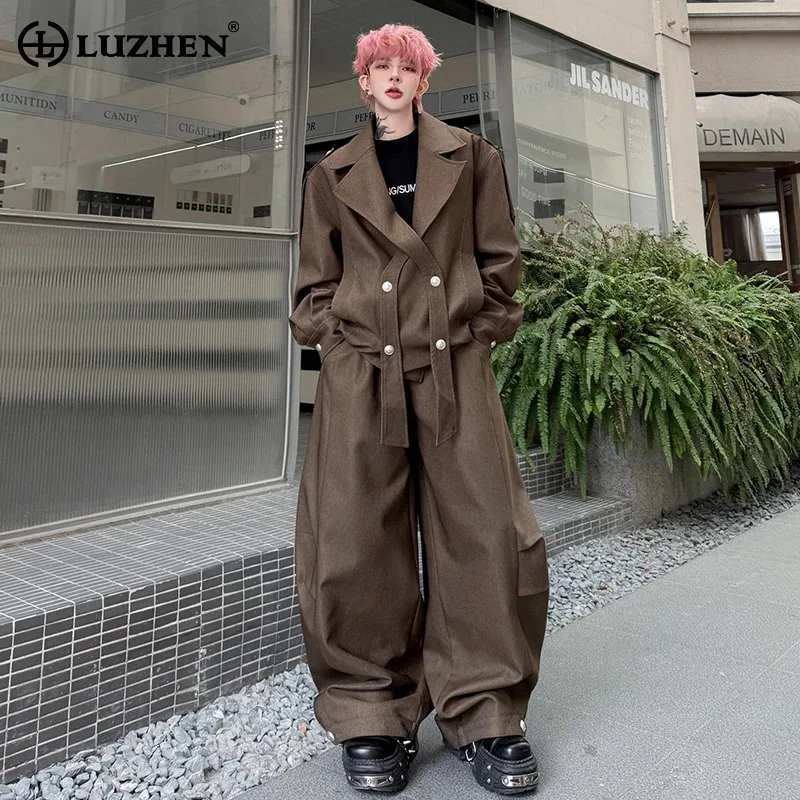 

LUZHEN 2026, весенние новые однотонные уличные комплекты из двух предметов, мужские модные красивые мешковатые широкие повседневные брюки, мужская куртка JY5893