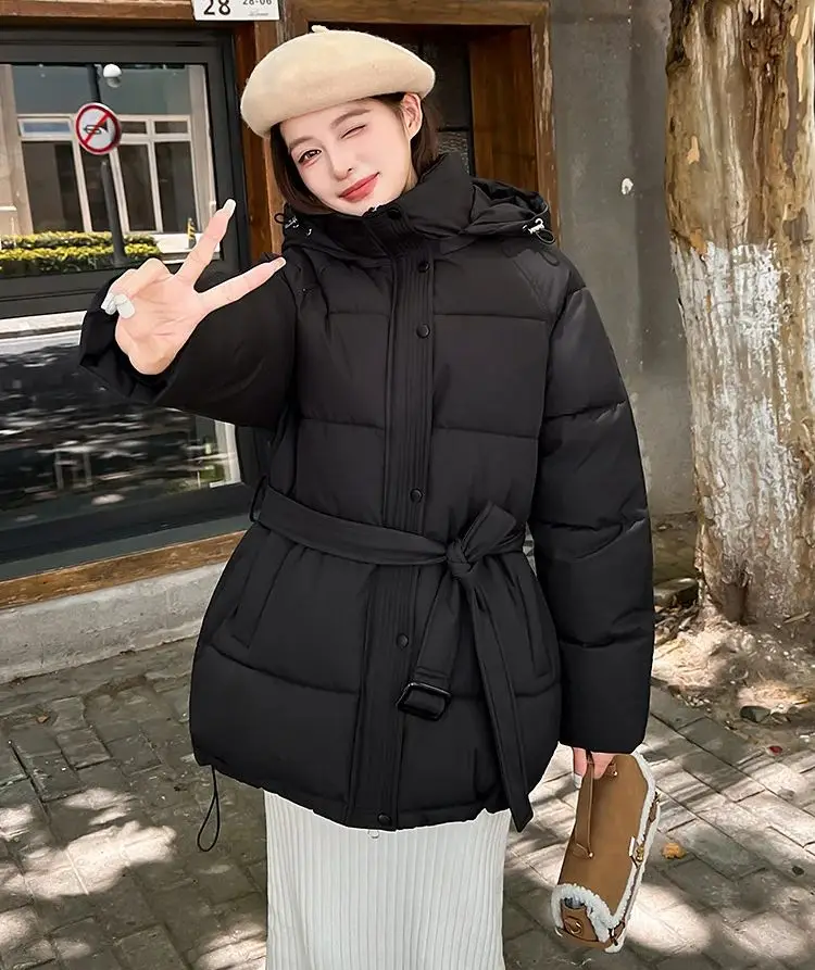 ZAROY Women Winter Hooded Coats Casual Sashes Cotton Parkas Solid Warm All-match Pocket Belted Jacket Outerwears куртка ж
