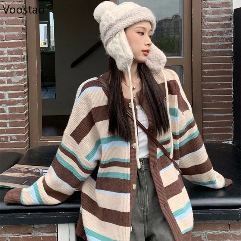 

Rainbow Striped Knitted Cardigan Women Kawaii Button Streetwear Casual Loose Sweater Coat Harajuku Y2k Aesthetic Grunge Tops