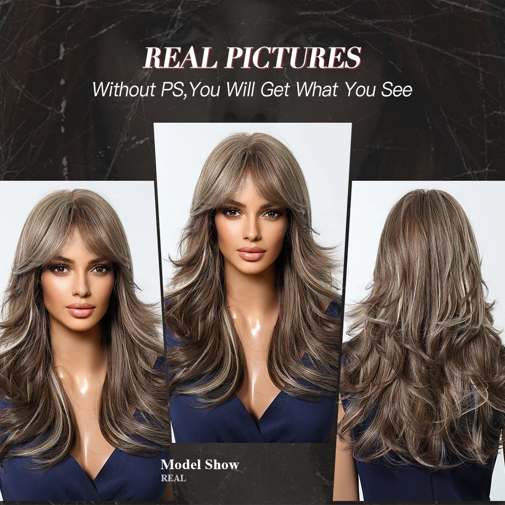 20in Curly Brown Highlight Blonde Wig With Bangs Synthetic Long Wavy Brown Hair Wig for Women Daily Cosplay Christmas Party Wig