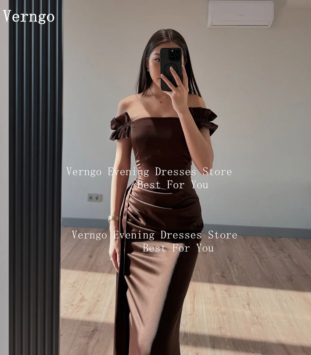 Verngo Coffee Brown Satin Prom Gown Off The Shoulder Mermaid Prom Party Dresses Women Slim Evening Dress Elegant Customized