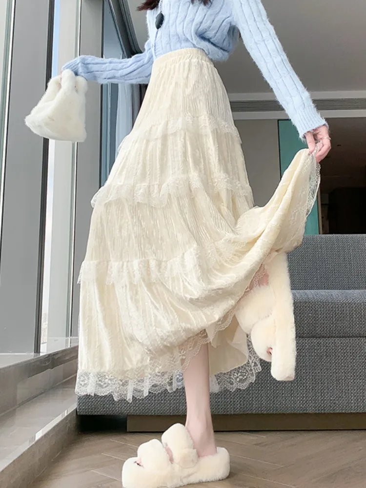 Süßer Spitzen-Splicing Cake Sle Fce-gefütterter Thi-A-Linien-Maxirock mit hoher Taille für Damen, lässige koreanische Version, nicht sinkbar