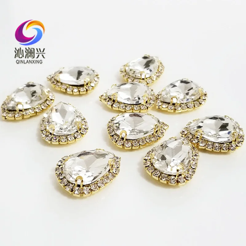 Factory sales Golden bottom Top grade Glass Crystal buckle,Drop shape white sew on rhinestones,Diy wedding decoration 10pcs/pack