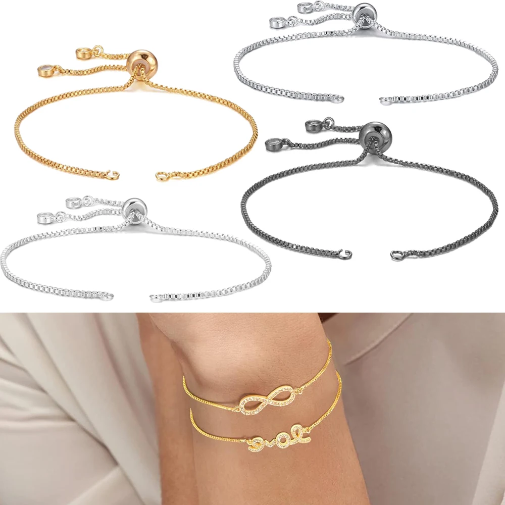 

5pcs 18K Gold Plated Brass Adjustable Slider Bracelet Extender Chains with Rhinestones Charms Ends for Jewelry Making DIY Women