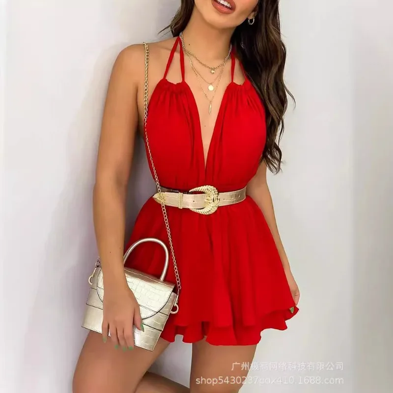 

2024 Summer New Women's Clothing Solid Color Sexy Halter Backless Waist Trimming Dress