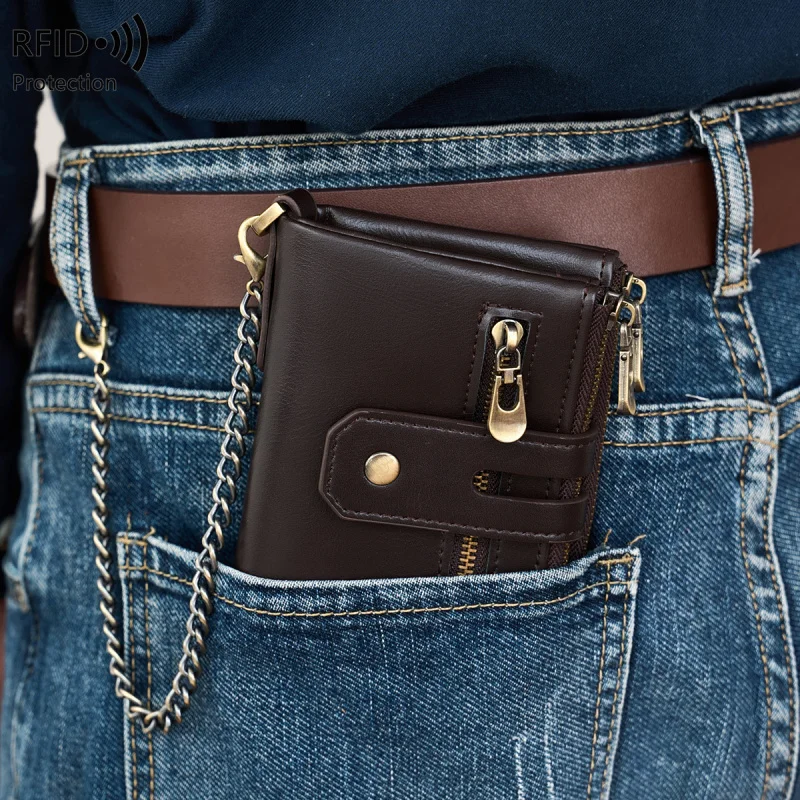 Western RFID Blocking PU Leather Chain Men Wallet Large Capacity Multifunctional Three Floded Coin Purse for Mens