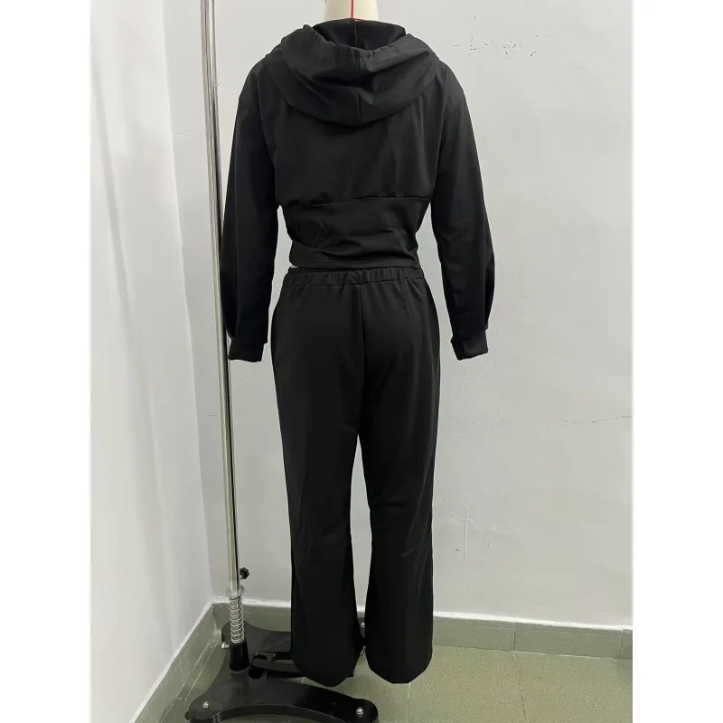 Damen 2-teiliger Trainingsanzug mit Kapuze, Reißverschluss-Crop-Jacke und hochtaillierter Schlaghose, lässiges Sport-Outfit für Damen – Detail 12