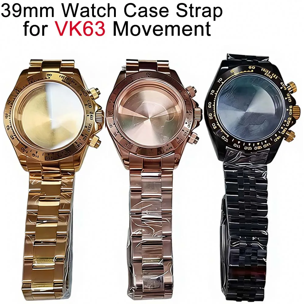 

Корпус для часов из сапфирового стекла 39 мм + ремешок для механизма VK63, розовый/золотой/черный корпус, аксессуары для кварцевых часов