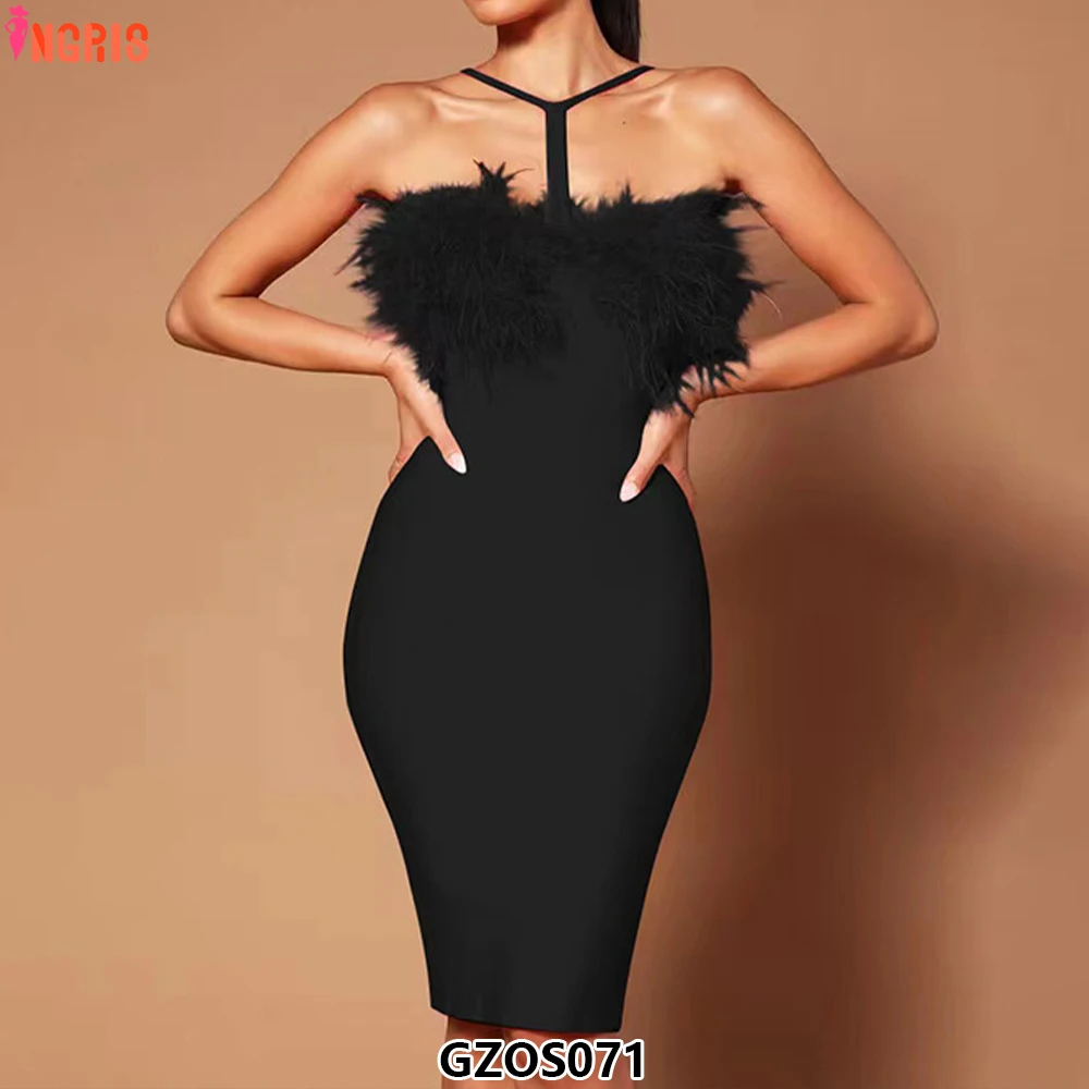 High-end ชุดราตรีชุดราตรีผู้หญิงฤดูร้อนใหม่นกกระจอกเทศสุภาพสตรีผ้าพันคอแฟชั่น Halter Feather Party Dress-GZOS071