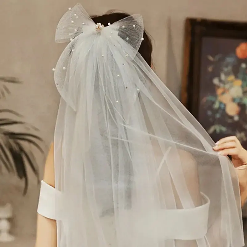Ivory Tulle Bridal Veil with Bow Short Wedding veils White Mesh Headpiece Bride Short Veil Back Head Decor Hair Accessories image 2