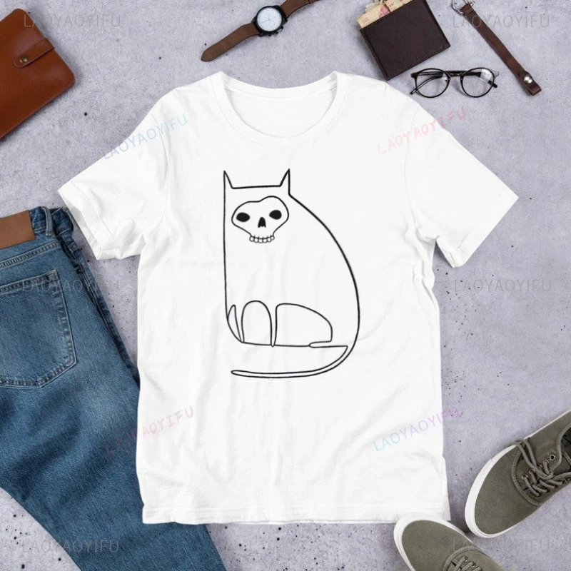 Funny Pattern T-Shirts Cat Skull Halloween Art Graphic Tee Birthday Gifts Whimsical Creepy Weird Outsider Art Horror Spooky Cats