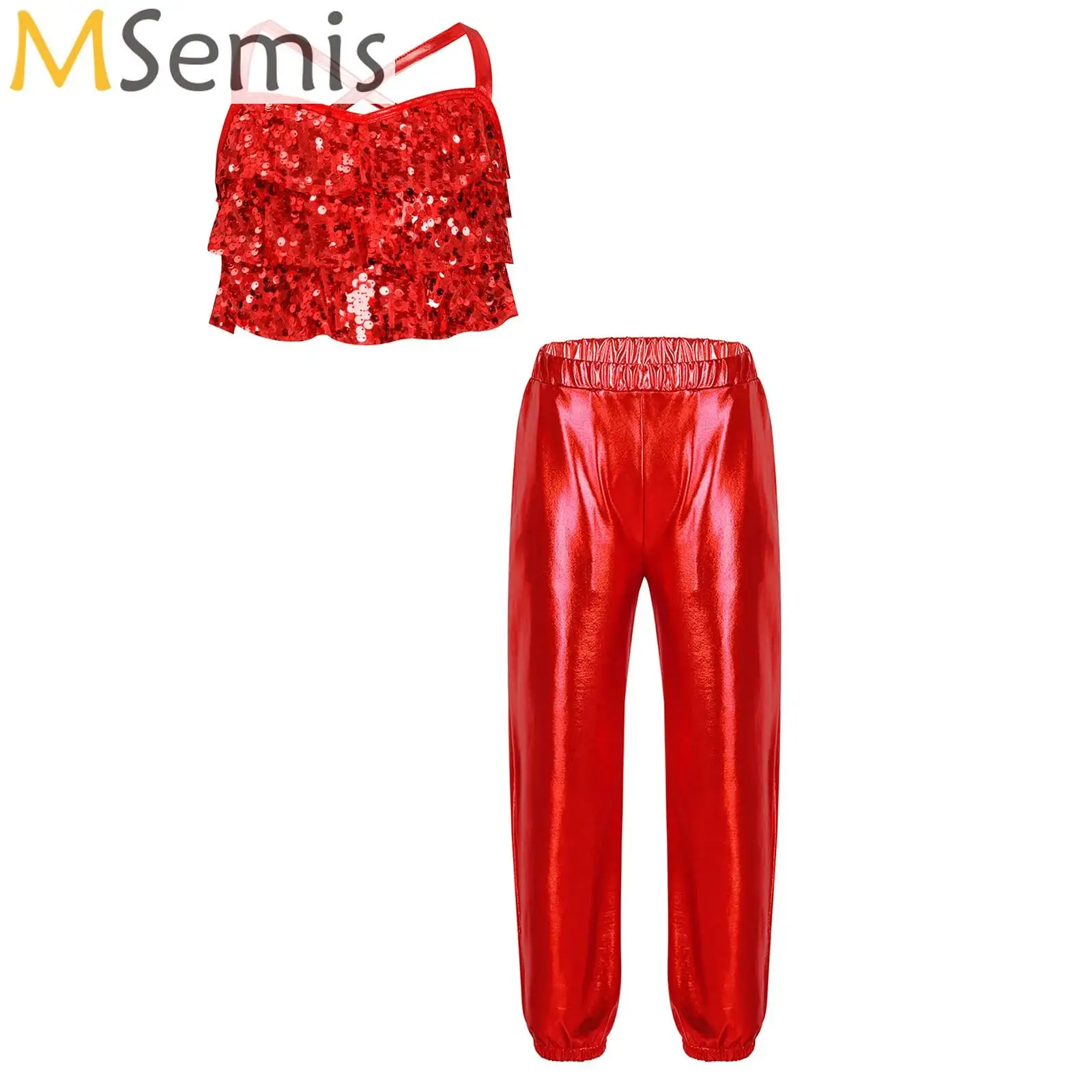 

Kids Girls Jazz Dance Performance Costume Outfit Shiny Tank Crop Tops with Pants for Ballet Dance Streetwear Stage Competition