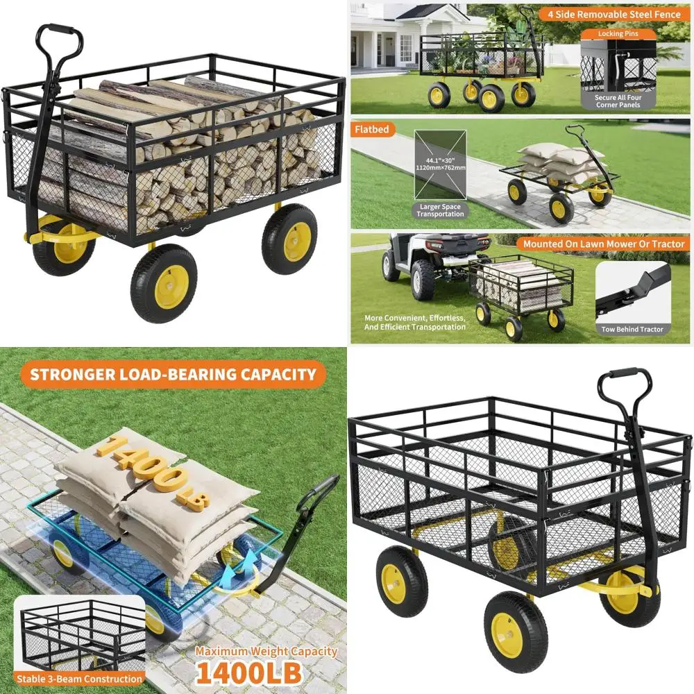 

Heavy-Duty 3-in-1 Steel Garden Cart with 1400 lbs Capacity, All-Terrain Tires, Removable Mesh Sides, and 180° Swivel